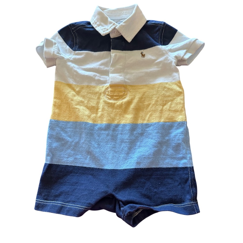 Ralph‎ Lauren Baby Romper Rugby Stripe Polo Bear Logo Shortall Size 6M 70